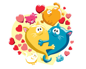 Vector pattern with cats and hearts, st. Valentine's day group, yellow and cyan