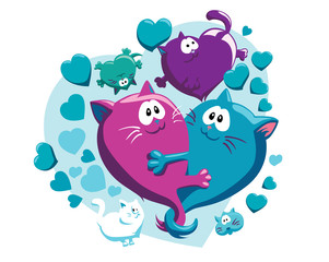 Vector pattern with cats and hearts, st. Valentine's day group, violet, purple and cyan