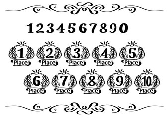 Set of numbered awards, handwriting vector vignette, calligraphy digits - black isolated