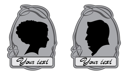 Cameo. Retro female and male silhouette vector vignette frame monochrome