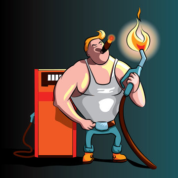 Refueling worker vector illustration, smoking a cigar on the gas station at night