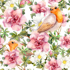 Watercolor birds and watercolor flowers. Seamless floral pattern. 