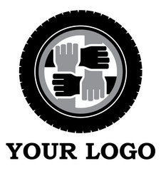 Wheel and hands vector logo, mutual help, brotherhood