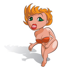 Half-naked sexy white blonde vector girl covering her groin with a hand.