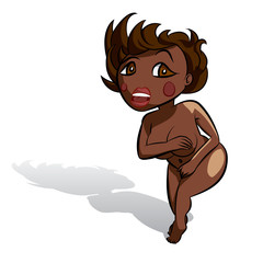 Naked sexy black woman vector confused and embarrassed, covering her groin and breast with a hand.