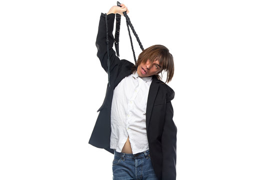 Young man with whip, bad news