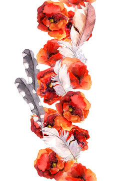 Floral Seamless Watercolor Frame Border With Vivid Flowers Poppy And Feathers. Aquarel 