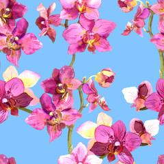 Hand painted floral background with blooming orchids 