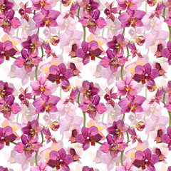 Seamless hand painted repeated pattern with exotic flowers orchids 