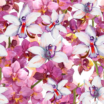 Bright floral pattern - orchid flowers in blossom. Seamless wallpaper. Aqurelle. 