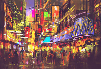 people in city street with illumination and nightlife,digital painting