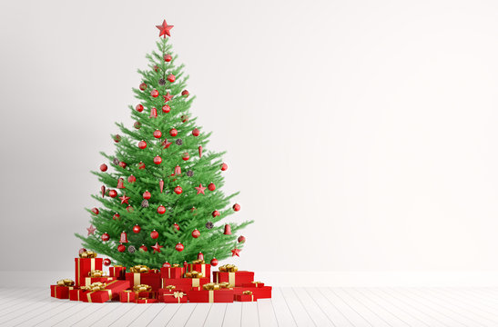 Interior of a white room with christmas tree 3d render