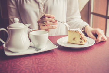 Piece of cottage cheese casserole with raisins