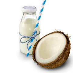 coconut milk in the bank against the backdrop of coconut. Isolat