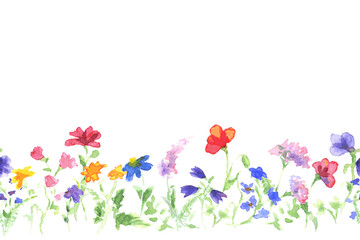 Background with drawing of watercolor wildflowers. Seamless vector banner.