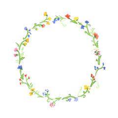 Obraz na płótnie Canvas Vector watercolor wreath with colorful summer flowers. Frame with motivation quote. Watercolor background with empty circle frame. Watercolor hand drawn flowers.