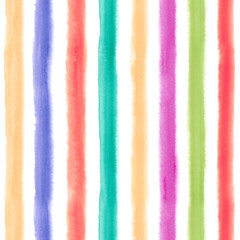 Watercolor pastel colored seamless pattern with stripes on white. Repeat straight stripes texture hand drawing background for design.