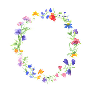 Vector watercolor wreath with colorful summer flowers. Frame with motivation quote. Watercolor background with empty circle frame. Watercolor hand drawn wildflowers.