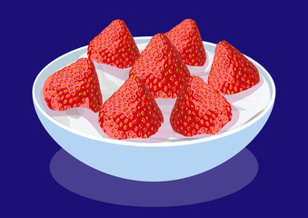 Sour cream with strawberries in a saucer, vector illustration, isolated on a blue