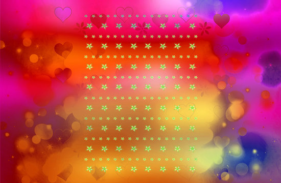 Bright abstract background with golden snowflakes and hearts