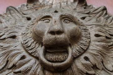 Fototapeta na wymiar lion shaped decoration on the old wooden door