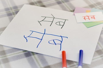 Hindi; Kids Writing Name of the Fruits for Practice