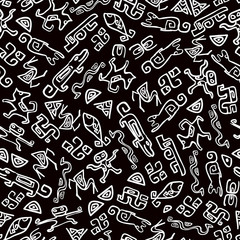 Seamless ethnic pattern with animal and symbols ornament. Black and white background. Can be used for wallpaper, fabric, pattern fills, web page background, surface textures.