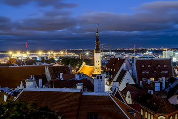 Views of the beautiful evening panorama of old Tallinn in  light