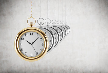 Pocket watches in a chain are in the line. Concrete background. 3D rendering