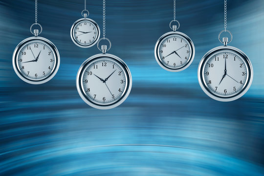Four models of pocket watches are hovering in the air. A concept of a value of time in business. A contemporary blue background. 3D rendering.