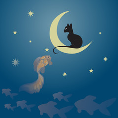 Cat sitting on the moon and fishing a golden fish
