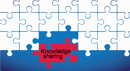 Fototapeta premium Knowledge sharing education concept; A group of interconnecting white and red puzzle pieces on blue background. 
