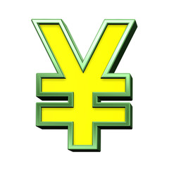 Obraz premium Yen sign from yellow with green frame alphabet set, isolated on white. Computer generated 3D photo rendering.