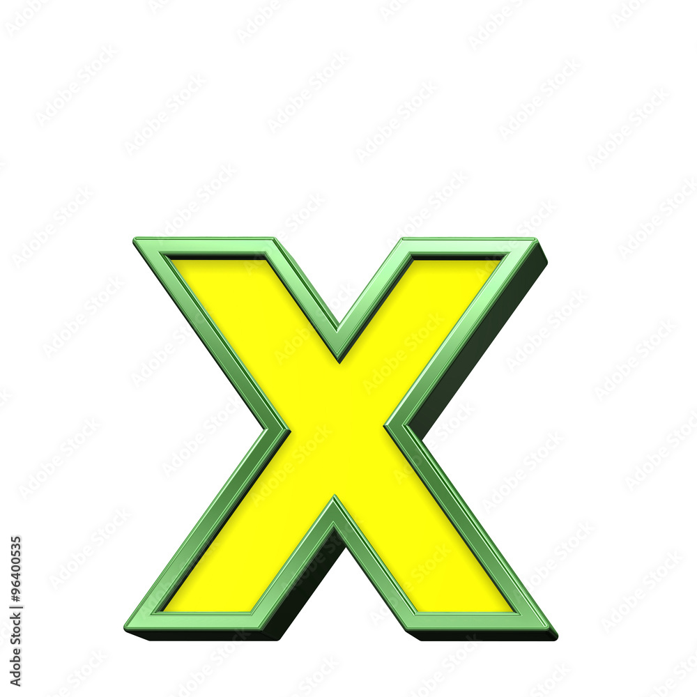 Fototapete one lower case letter from yellow with green frame alphabet set, isolated on white. computer generat