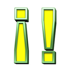 Exclamation mark sign from yellow with green frame alphabet set, isolated on white. Computer generated 3D photo rendering.