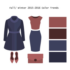 Set of  trendy women's clothes. Outfit of woman coat, skirt, top and  accessories. Full/winter color trends palette. Vector illustration