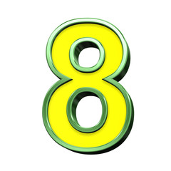 One digit from yellow with green frame alphabet set, isolated on white. Computer generated 3D photo rendering.