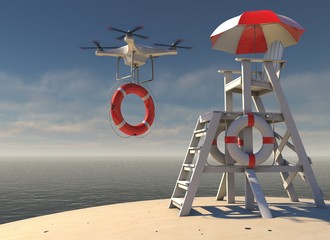 Flying Drone with lifebuoy leaving Lifeguard Tower - obrazy, fototapety, plakaty
