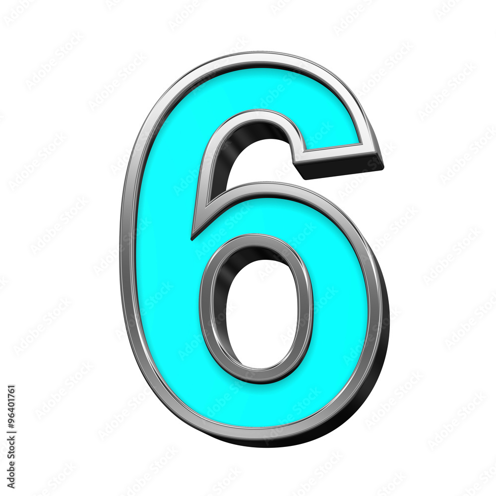 Fototapete one digit from turquoise with chrome frame alphabet set, isolated on white. computer generated 3d ph
