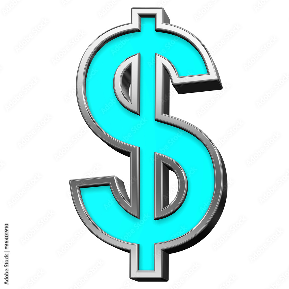 Fototapete Dollar sign from turquoise with chrome frame alphabet set, isolated on white. Computer generated 3D photo rendering.