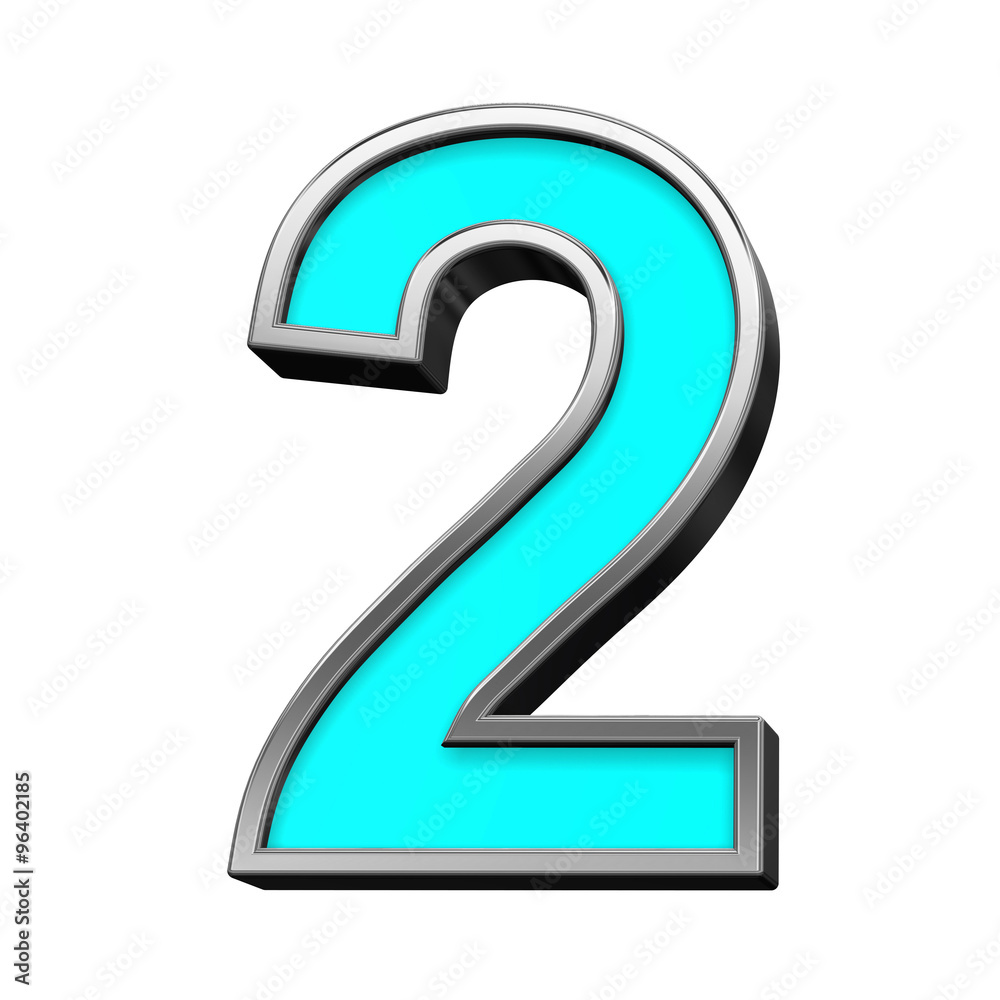 Fototapete One digit from turquoise with chrome frame alphabet set, isolated on white. Computer generated 3D photo rendering.