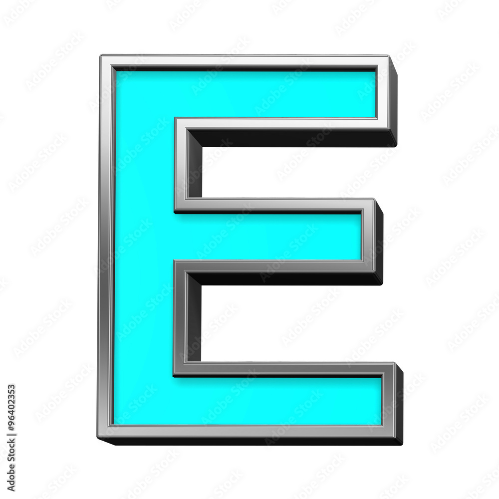Fototapete One letter from turquoise with chrome frame alphabet set, isolated on white. Computer generated 3D photo rendering.