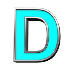 One letter from turquoise with chrome frame alphabet set, isolated on white. Computer generated 3D photo rendering.