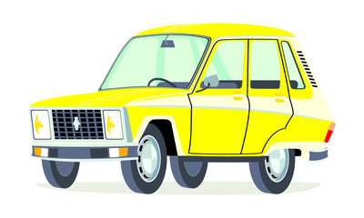 Caricatura Renault 6 serie 2 amarillo vista frontal y lateral