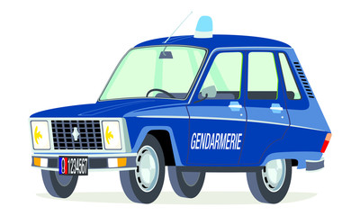 Caricatura Renault 6 gendarmeria azul francesa vista frontal y lateral