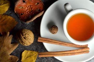 fresh tea with autumn decorations