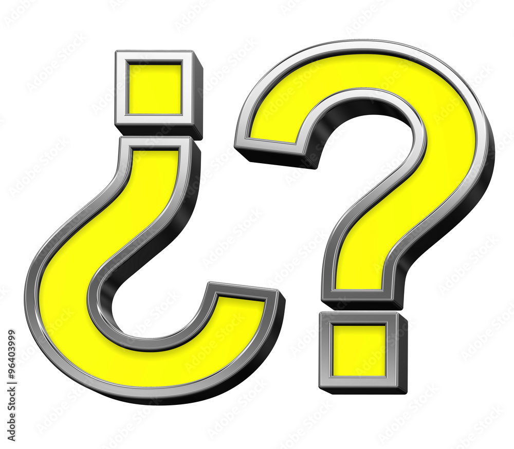 Fototapete question mark sign from yellow with chrome frame alphabet set, isolated on white. computer generated
