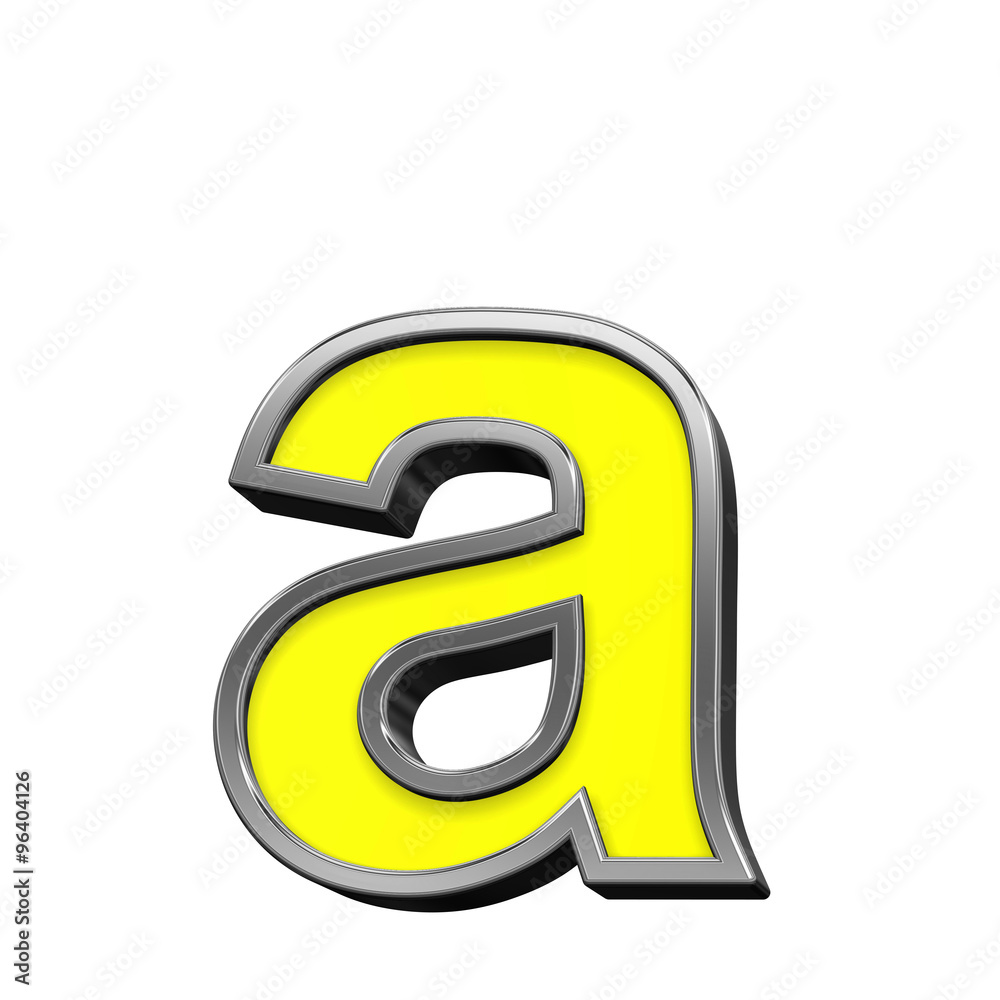 Fototapete one lower case letter from yellow with chrome frame alphabet set, isolated on white. computer genera