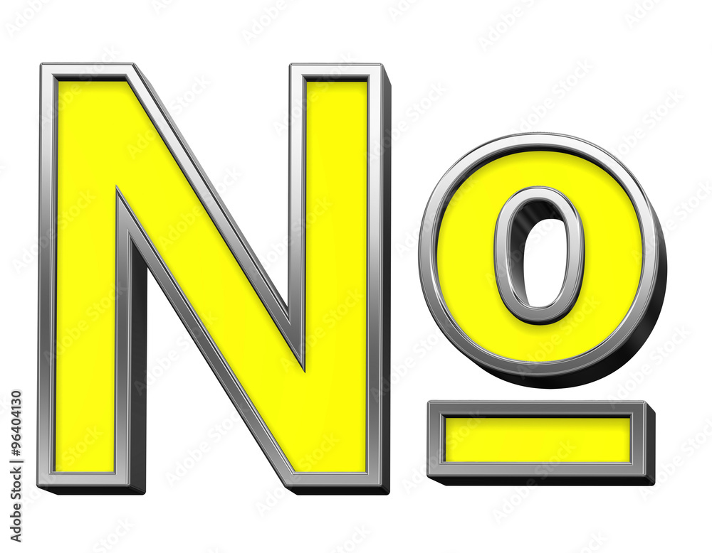 Fototapete number mark sign from yellow with chrome frame alphabet set, isolated on white. computer generated 3