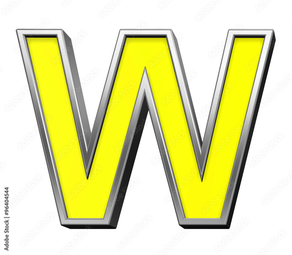 Fototapete one letter from yellow with chrome frame alphabet set, isolated on white. computer generated 3d phot